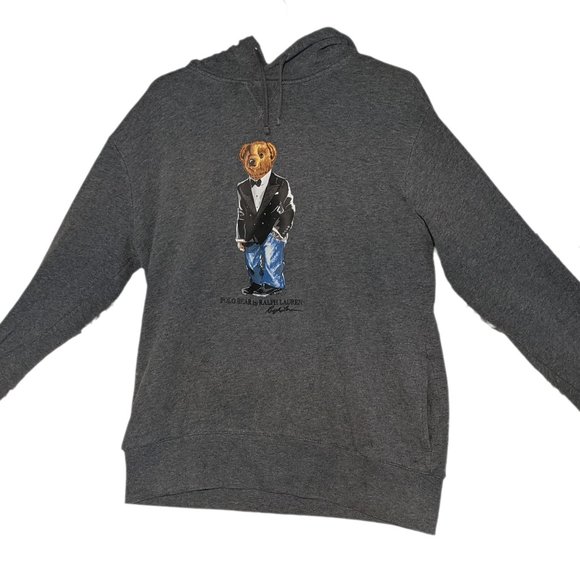 Polo Ralph Lauren Teddy Bear Tuxedo Hoodie Sweater Rare Dark Grey Lg - Picture 1 of 3